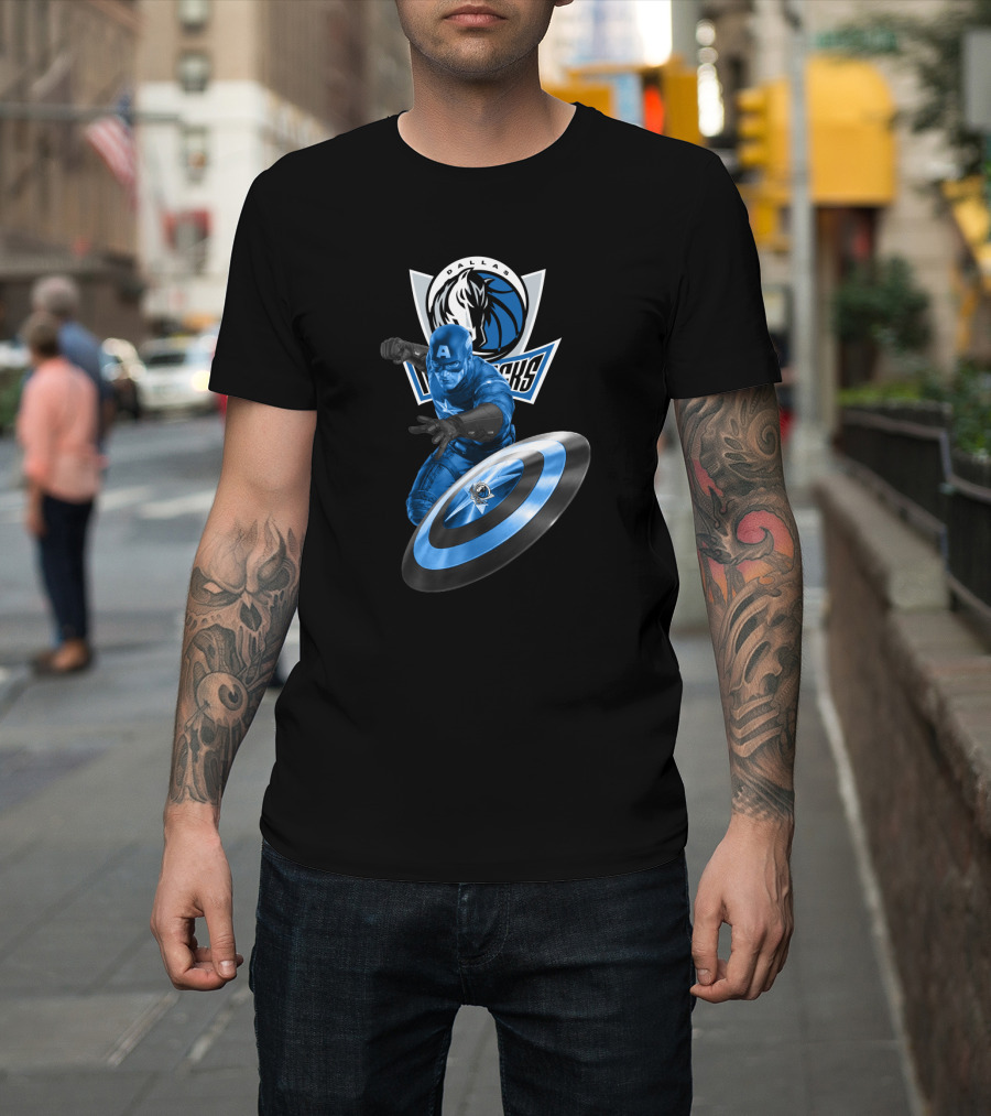 Dallas Mavericks Captain America Crossover Collaboration Featuring Iconic Shield T-Shirt