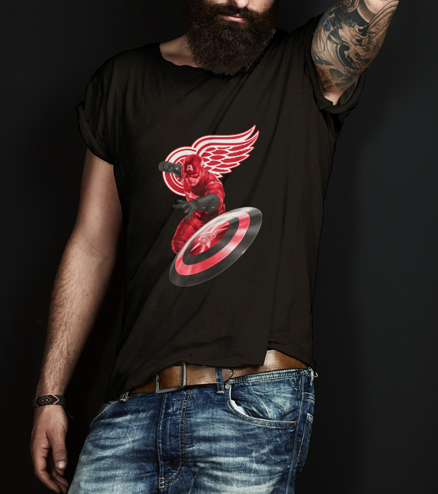 Detroit Red Wings Featuring Marvel's Captain America In Iconic Shield Pose T-Shirt