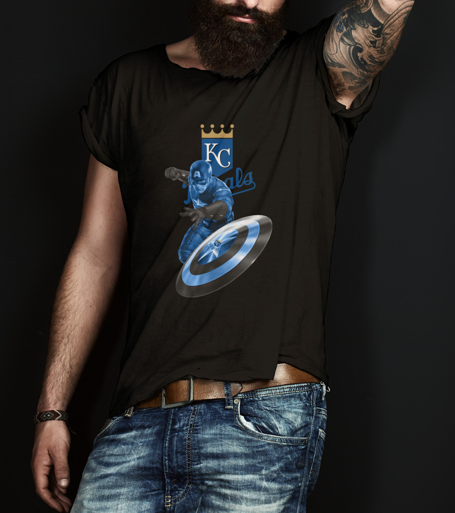 Kansas City Royals KC Logo Featuring Captain America Shield Design Blue T-Shirt