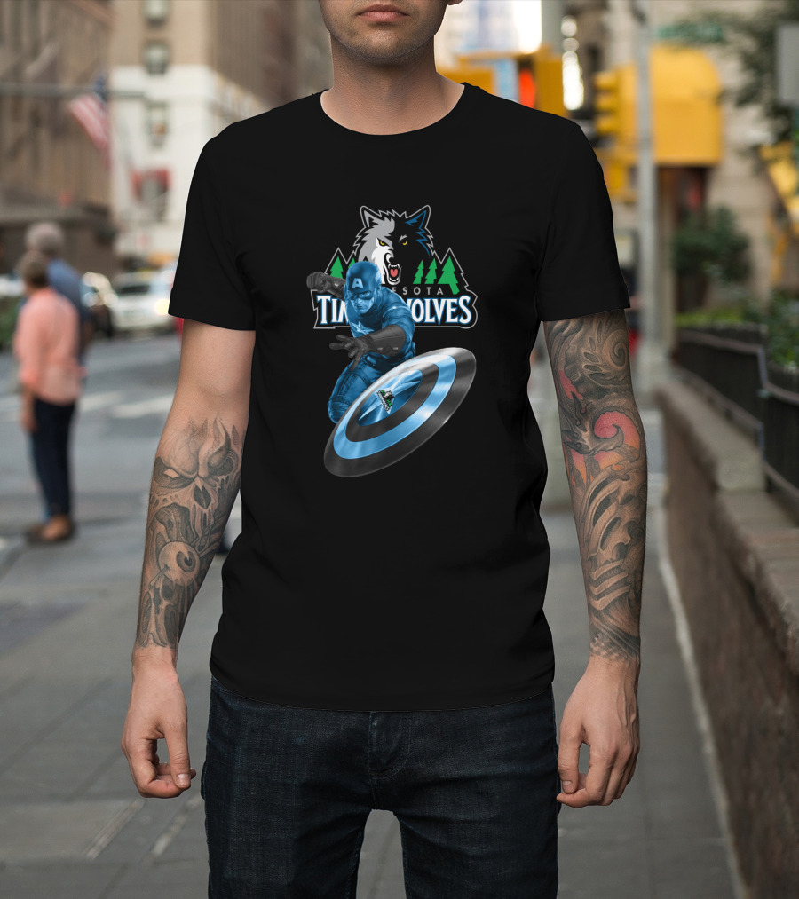 Minnesota Timberwolves Captain America Crossover With Wolf Logo And Shield T-Shirt