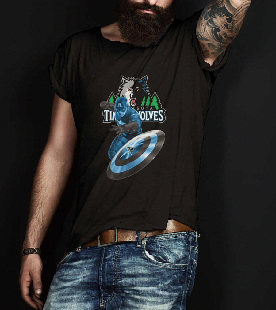 Minnesota Timberwolves Captain America Crossover With Wolf Logo And Shield T-Shirt