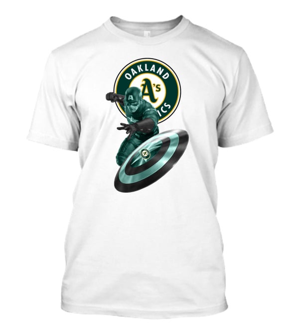 Oakland Athletics A's Logo With Captain America's Shield And Heroic Pose T-Shirt