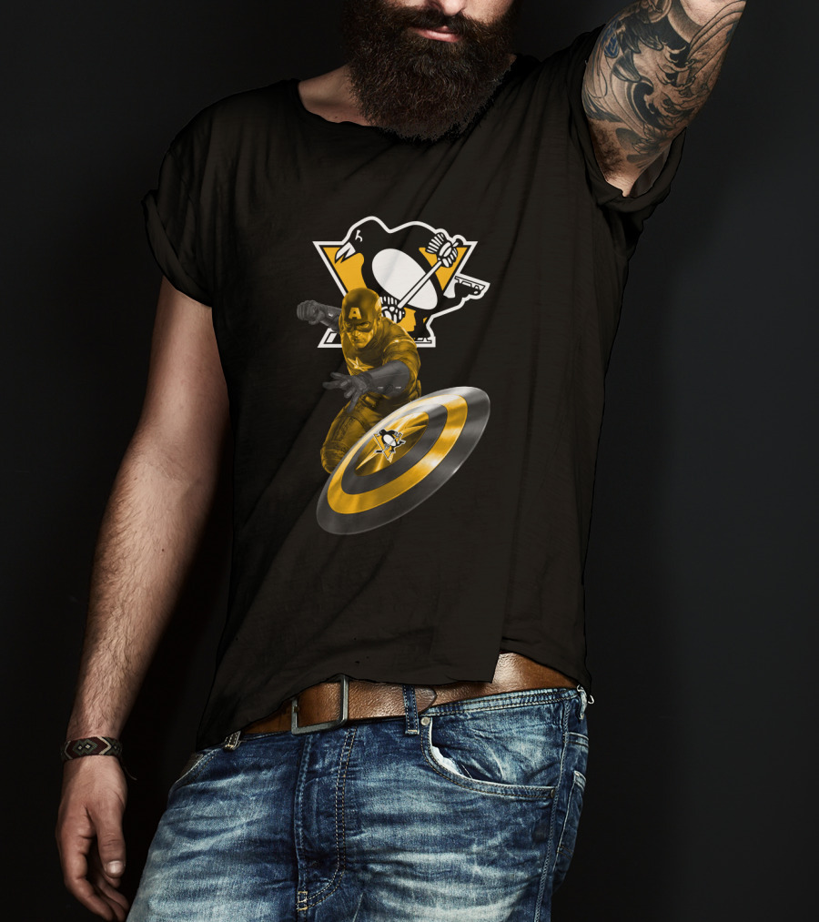 Pittsburgh Penguins Hockey Marvel Captain America Crossover Shield T-Shirt