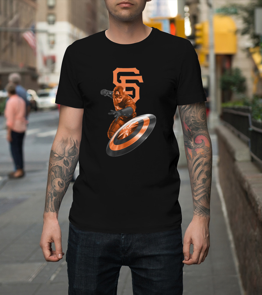San Francisco Giants Captain America Crossover with Iconic SF and Shield T-Shirt