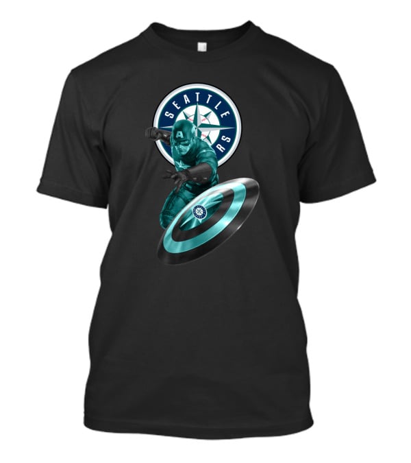 Seattle Mariners Captain America Logo Shield Crossover Baseball Superhero Collaboration T-Shirt