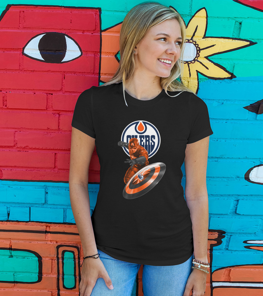 Edmonton Oilers Captain America Crossover With Shield Logo And Dynamic Pose T-Shirt