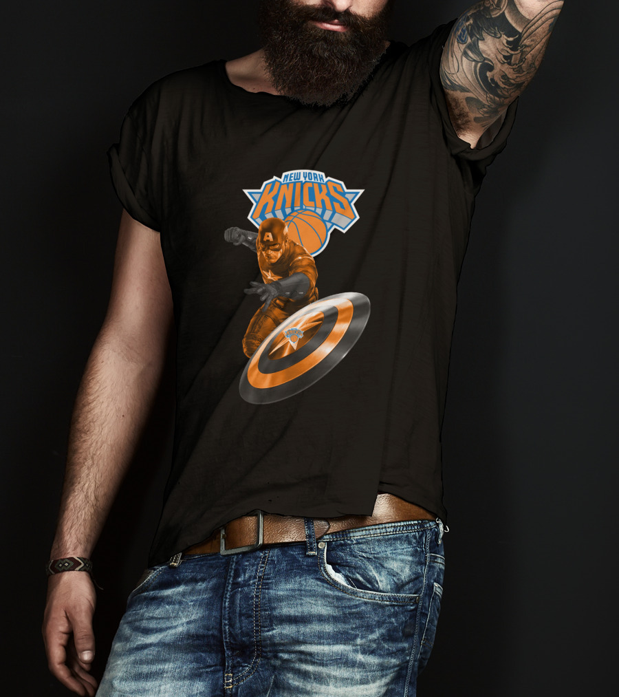 New York Knicks Captain America Crossover Imagery With Shield And Basketball T-Shirt