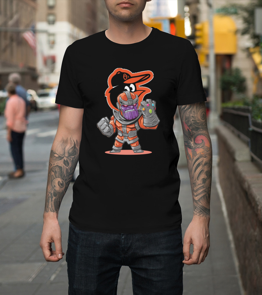 Thanos Cartoon Character In Baltimore Orioles Colors With Infinity Gauntlet T-Shirt
