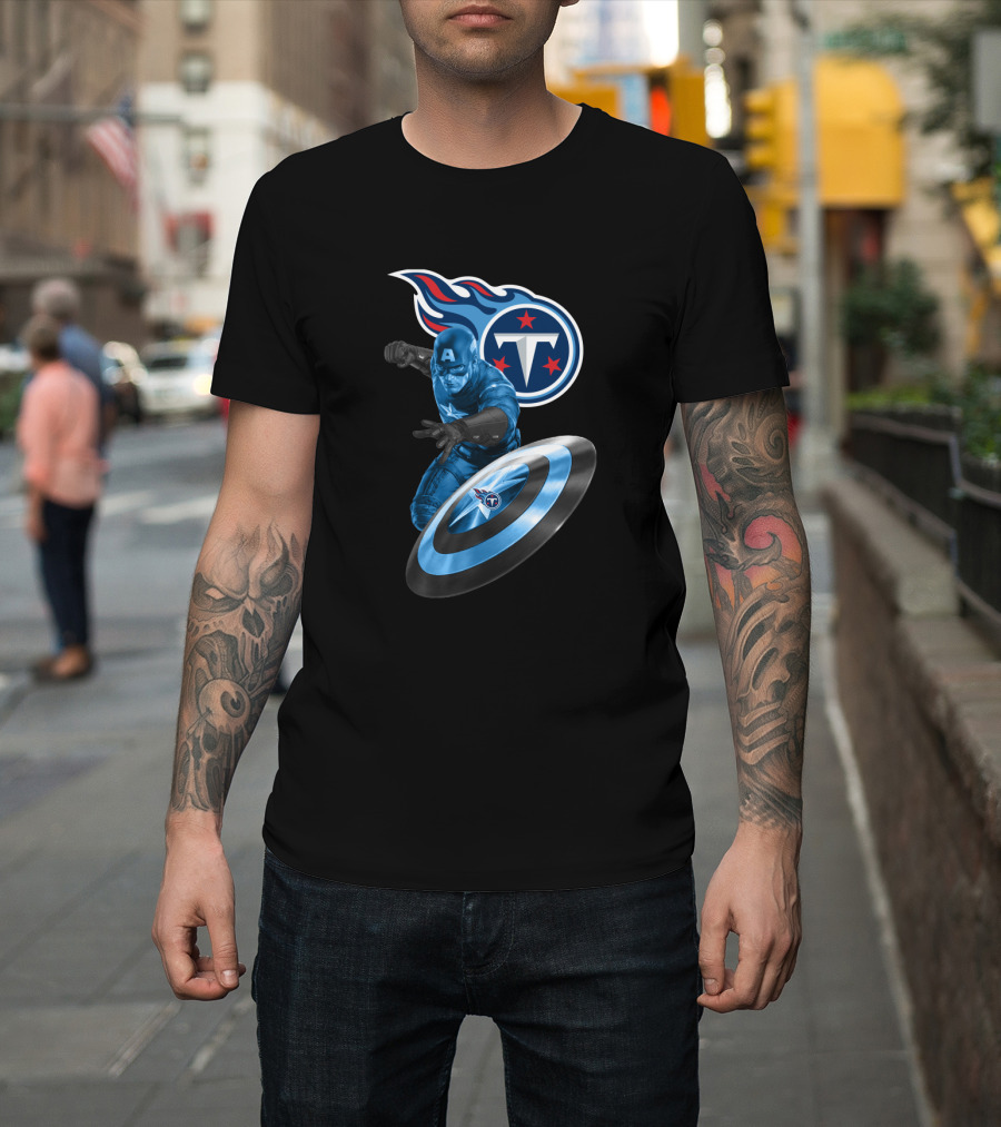 Tennessee Titans Captain America Crossover With Logo And Shield T-Shirt