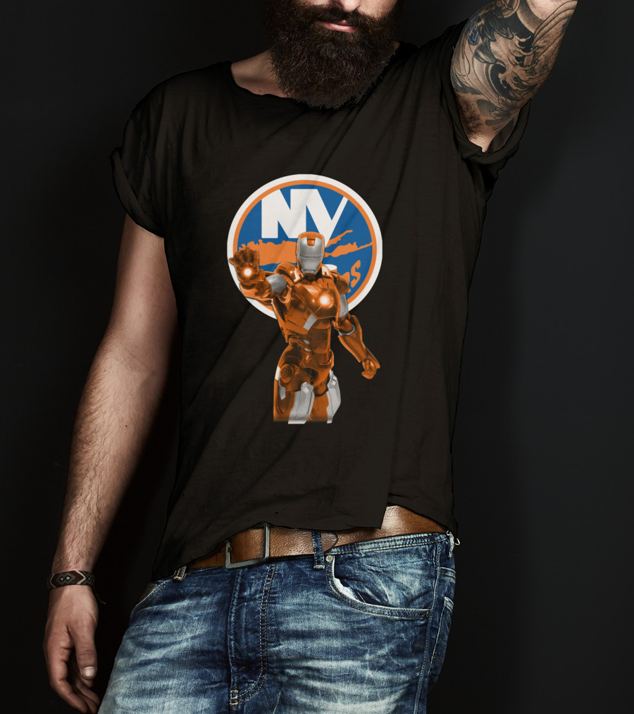 Iron Man New York Islanders Crossover Graphic Featuring NY Logo Background T-Shirt