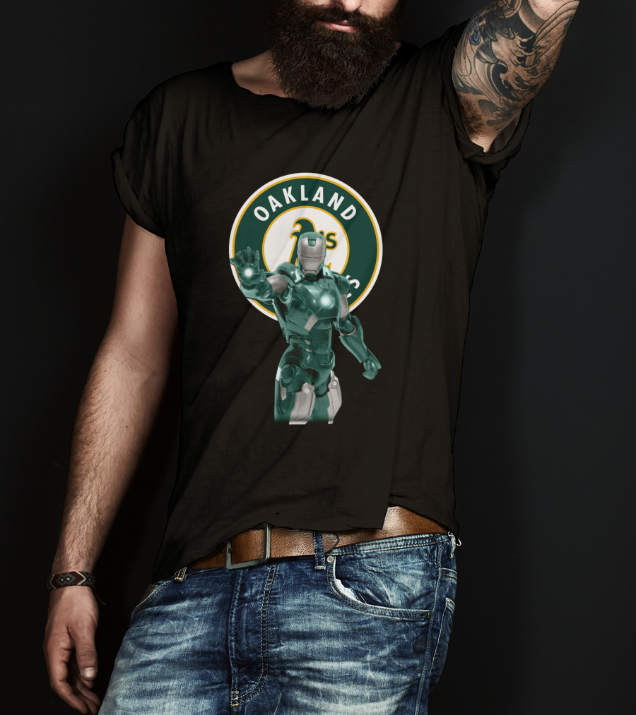 Oakland Athletics X Iron Man Crossover Marvel Avengers Baseball Team Collaboration T-Shirt