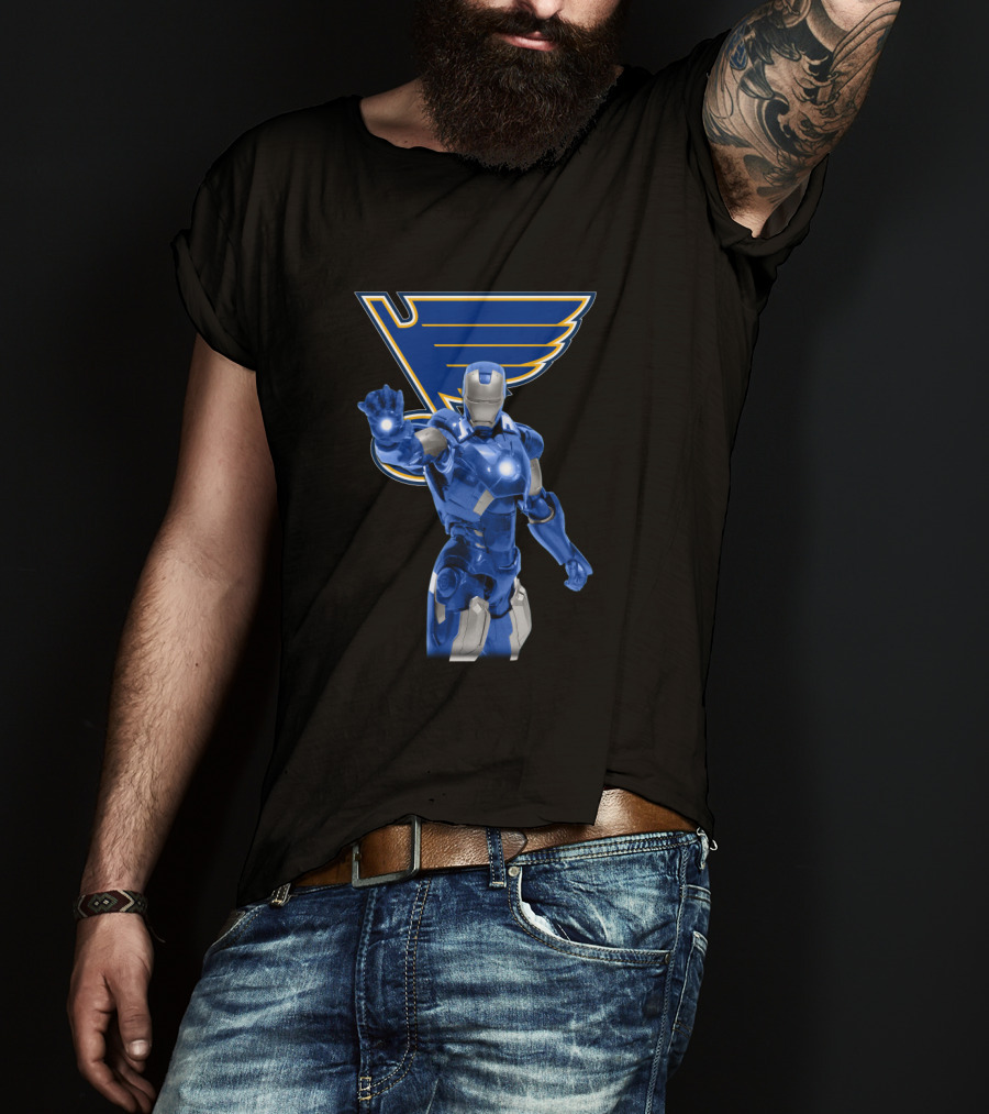 Iron Man St. Louis Blues Crossover With Marvel Superhero Imagery And Hockey Team T-Shirt