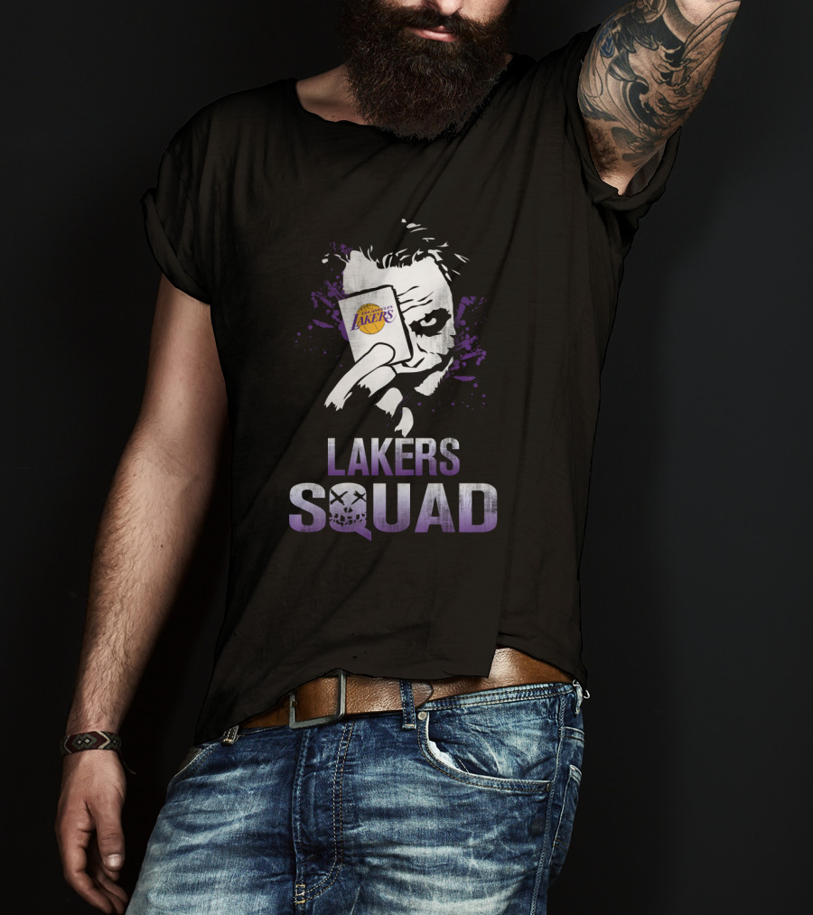 Joker Holding Lakers Card Above Lakers Squad T-Shirt