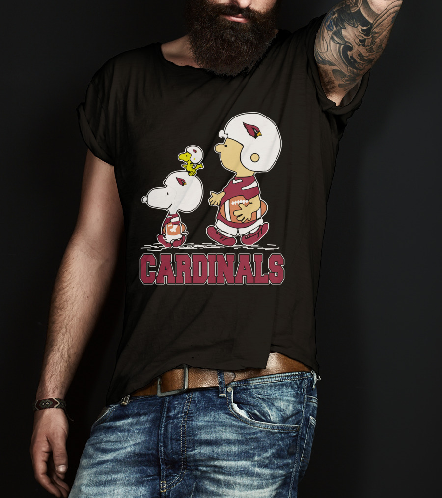 Snoopy And Woodstock With Cardinals Football Helmets And Team Spirit T-Shirt