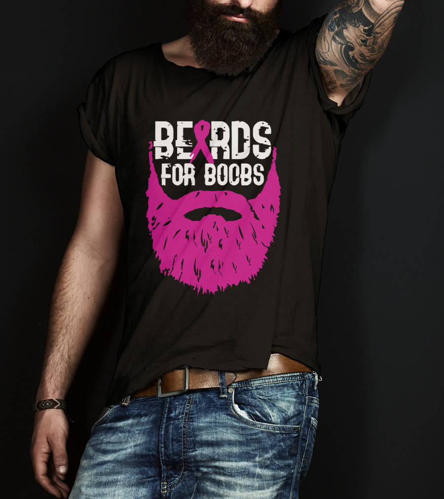 Beards For Boobs Breast Cancer Awareness Pink Ribbon Beard T-Shirt