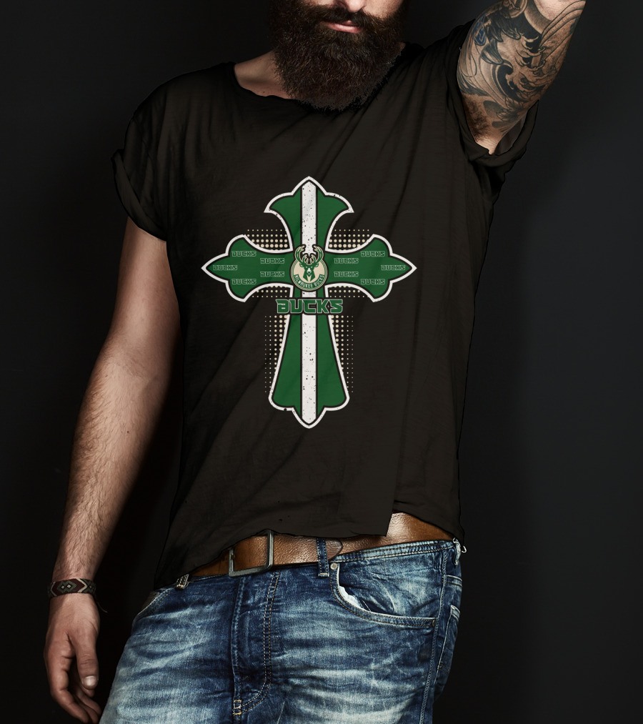 Bucks Fans Green Cross With Milwaukee Bucks T-Shirt