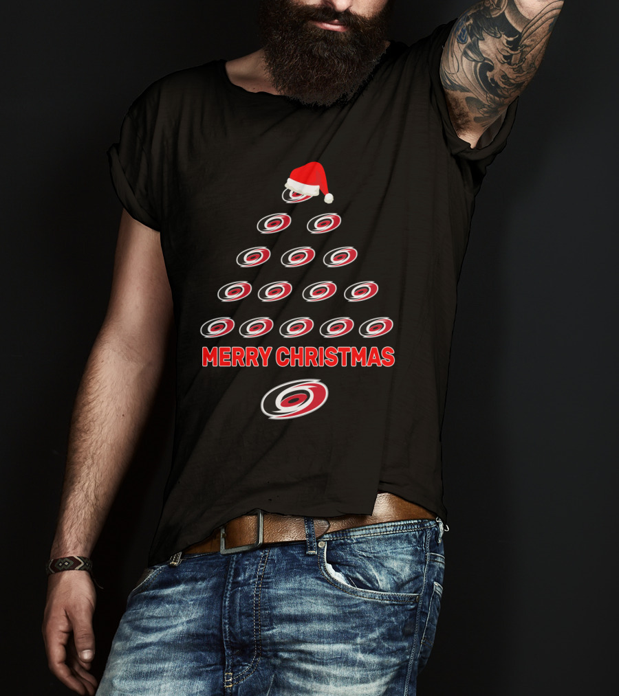 Carolina Hurricanes Merry Christmas Tree With Santa Hat T-Shirt
