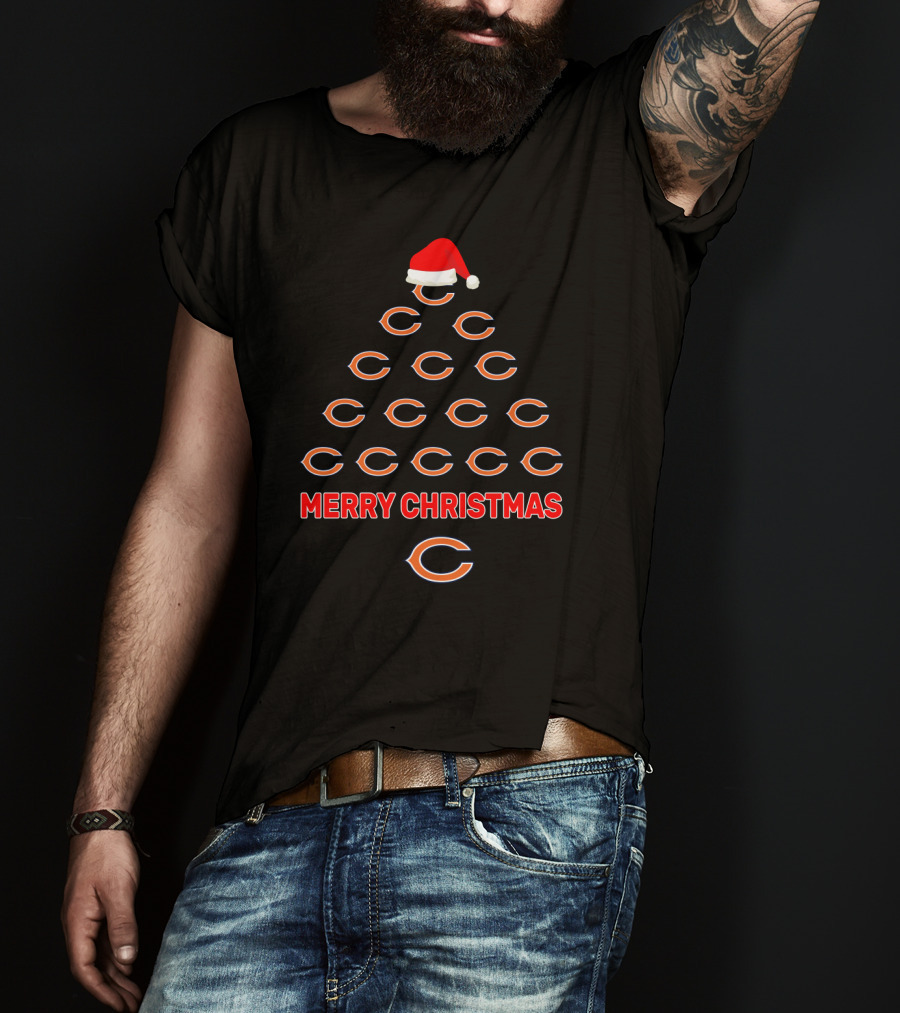 Merry Christmas Chicago Bears Tree With Santa Hat T-Shirt