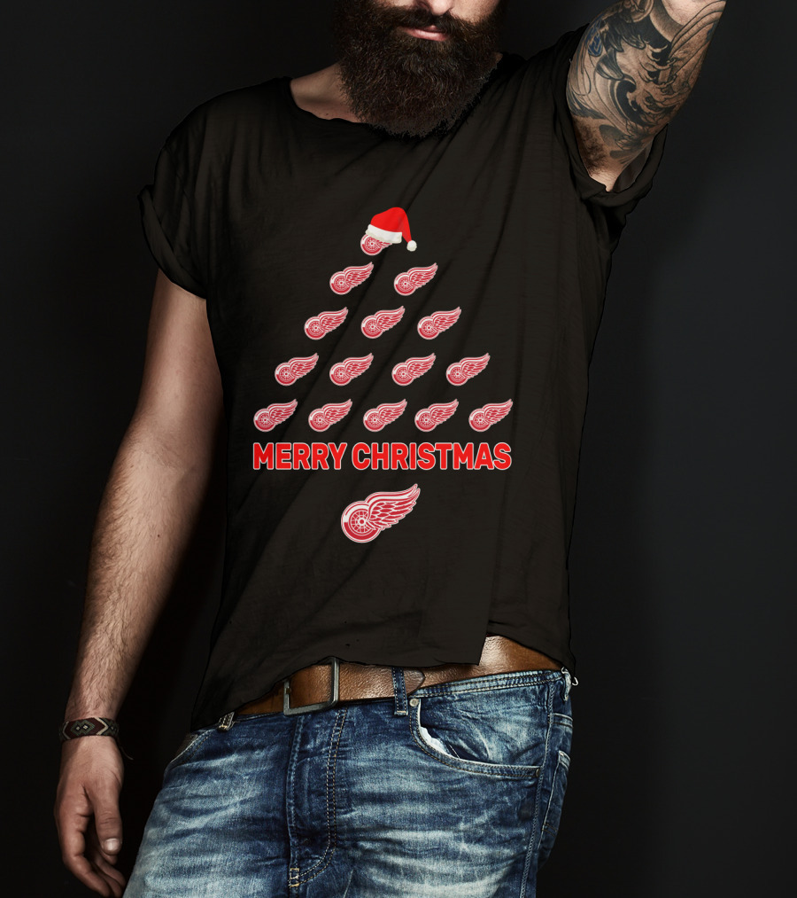 Merry Christmas Detroit Red Wings Tree With Logos T-Shirt