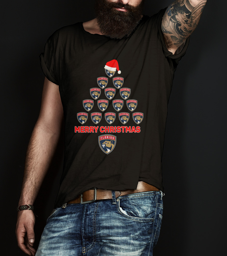 Merry Christmas Florida Panthers Tree With Logos And Santa Hat T-Shirt