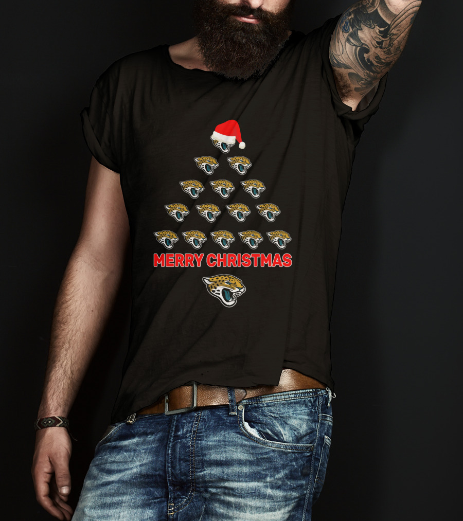 Jacksonville Jaguars Merry Christmas Tree With Santa Hat Decor For Fans T-Shirt