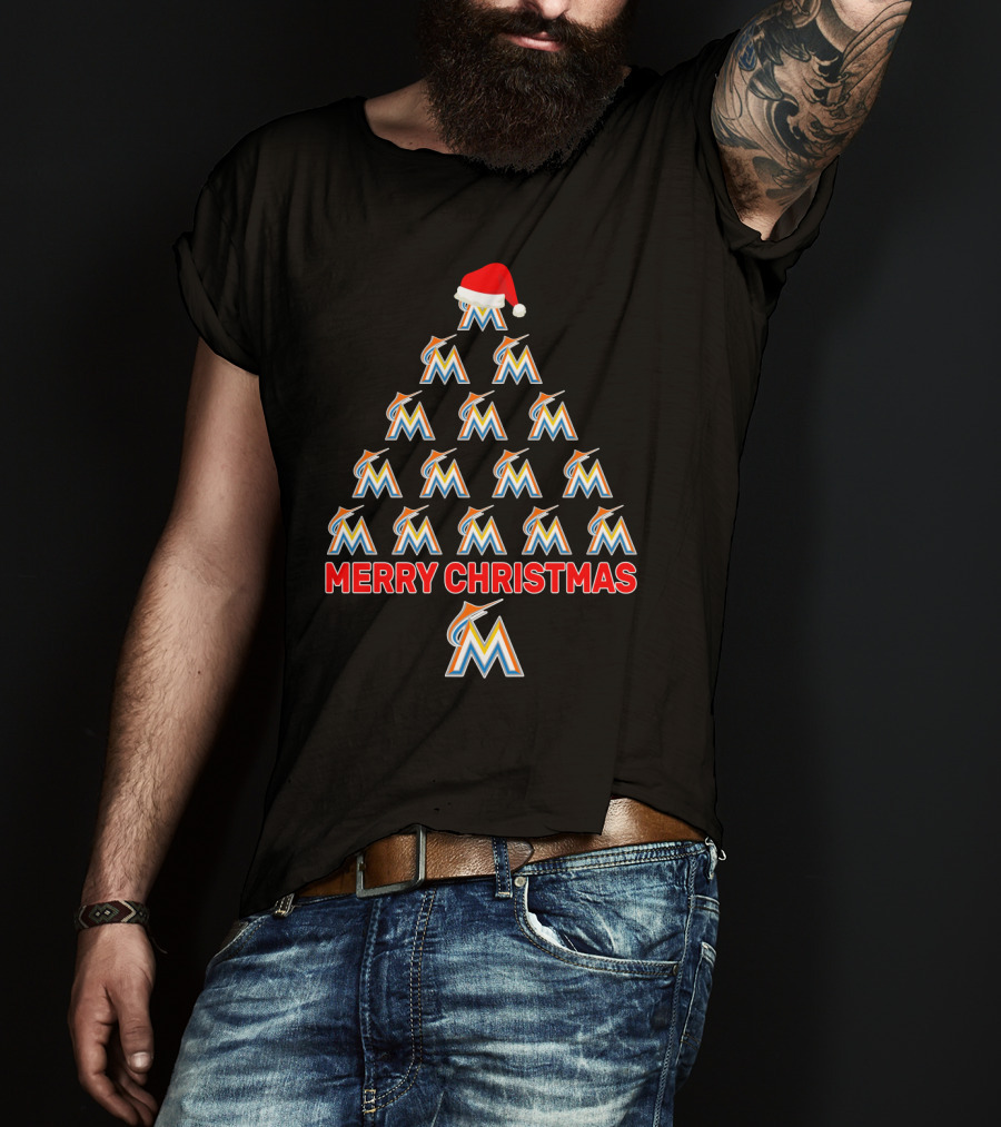 Merry Christmas Miami Marlins Logo Christmas Tree With Santa Hat T-Shirt