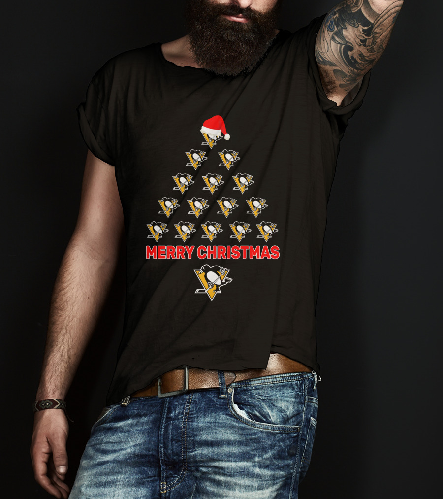 Merry Christmas Pittsburgh Penguins Santa Hat Hockey Tree T-Shirt