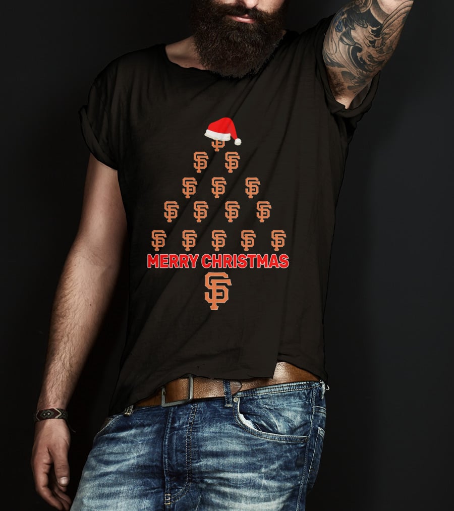 Merry Christmas San Francisco Giants Logo Tree With Santa Hat T-Shirt