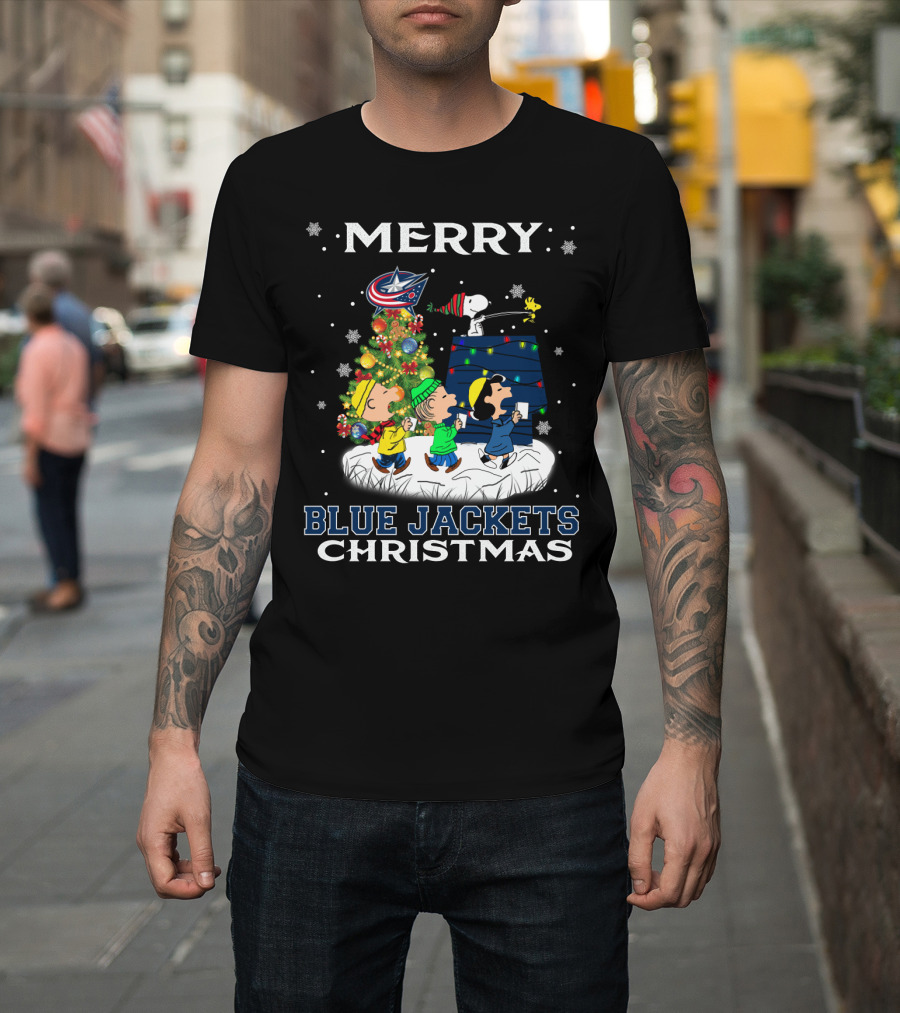 Merry Blue Jackets Christmas Snoopy With Tree And Characters T-Shirt