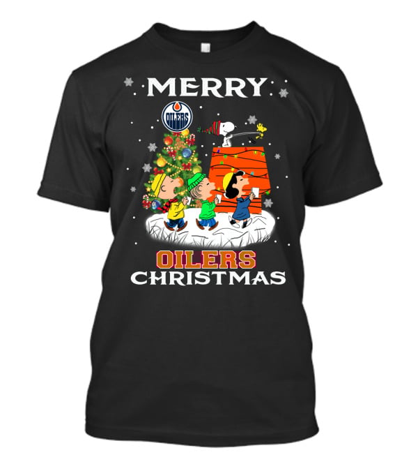 Merry Edmonton Oilers Christmas Snoopy Fans Peanuts Tree Charlie Brown Snoopy Woodstock T-Shirt