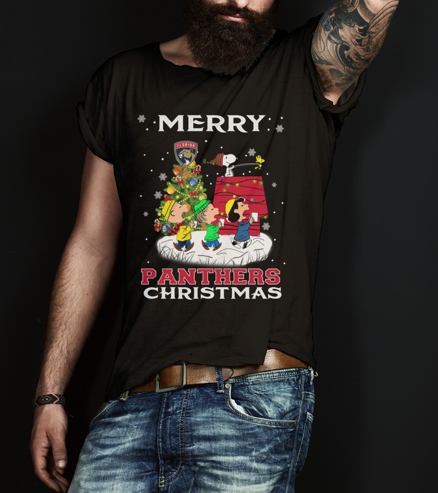 Merry Florida Panthers Christmas For Snoopy Fans With Charlie Brown And Woodstock T-Shirt