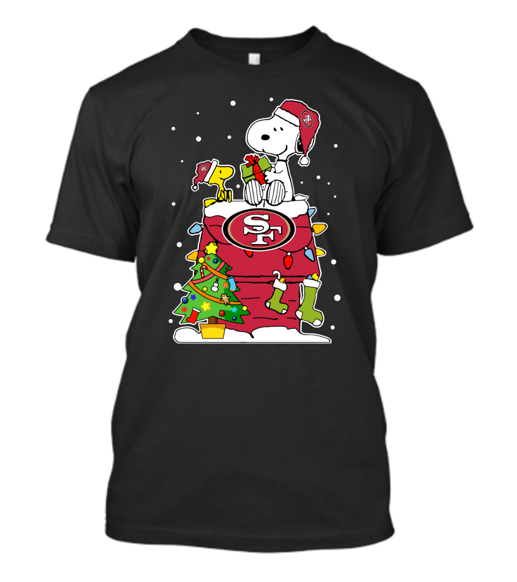 San Francisco 49ers Snoopy Christmas Lights Tree Stockings T-Shirt