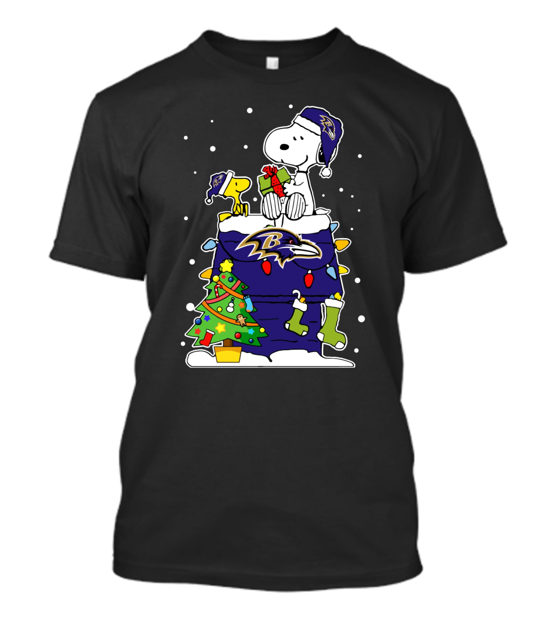 Baltimore Ravens Snoopy And Woodstock Christmas Tree Celebration T-Shirt