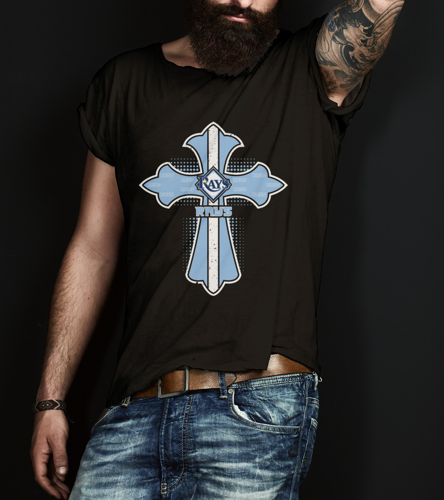 Rays Cross Design Featuring Tampa Bay Rays Text And Logo On Blue Cross T-Shirt