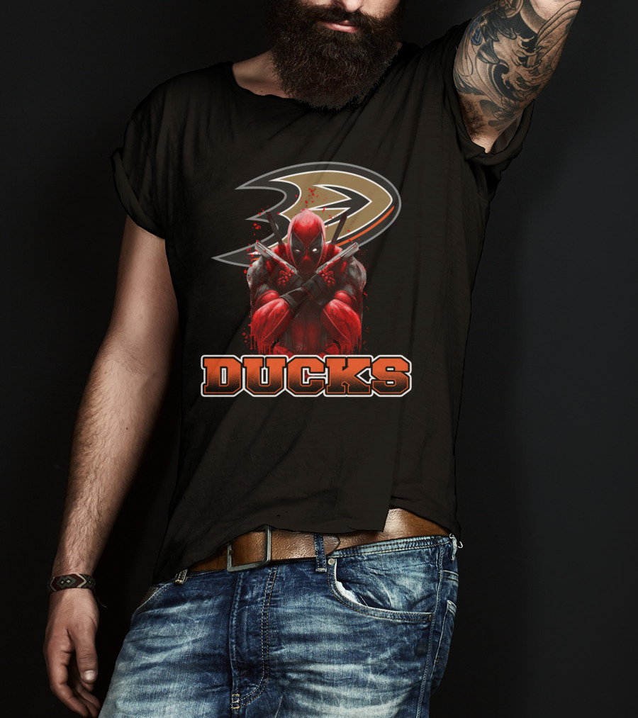 Anaheim Ducks And Deadpool Mashup Featuring Iconic Logo And Comic Character T-Shirt
