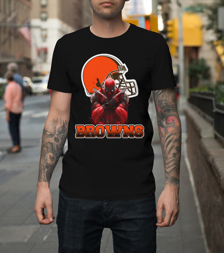 Cleveland Browns And Deadpool Crossover With Iconic Helmet And Character T-Shirt