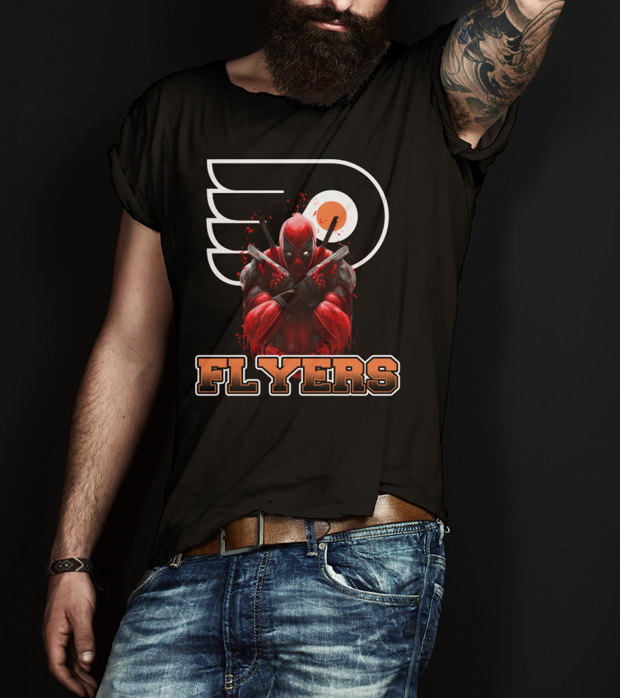 Philadelphia Flyers Deadpool Mashup With Iconic Hockey Logo And Character Crossover T-Shirt