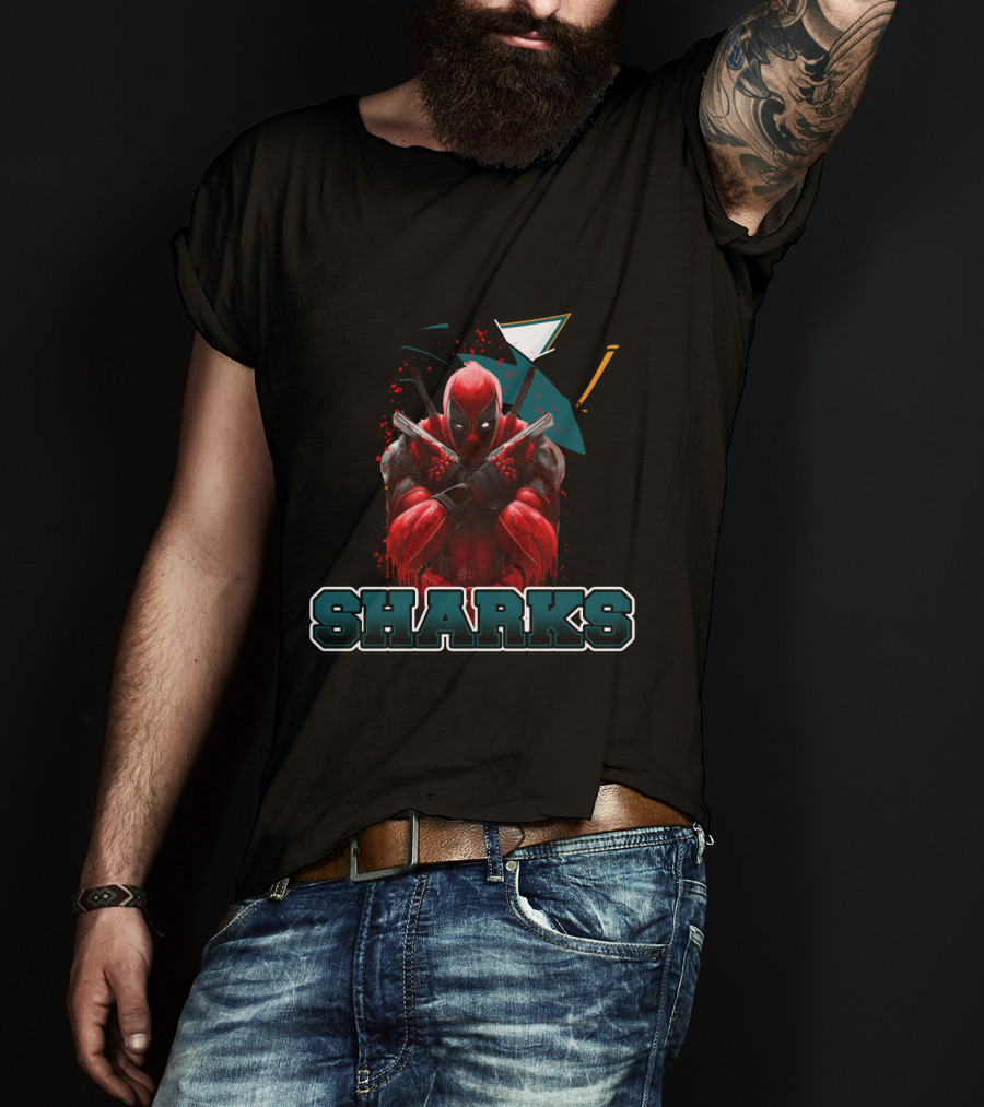 Deadpool With San Jose Sharks Imagery And Text: Sharks T-Shirt
