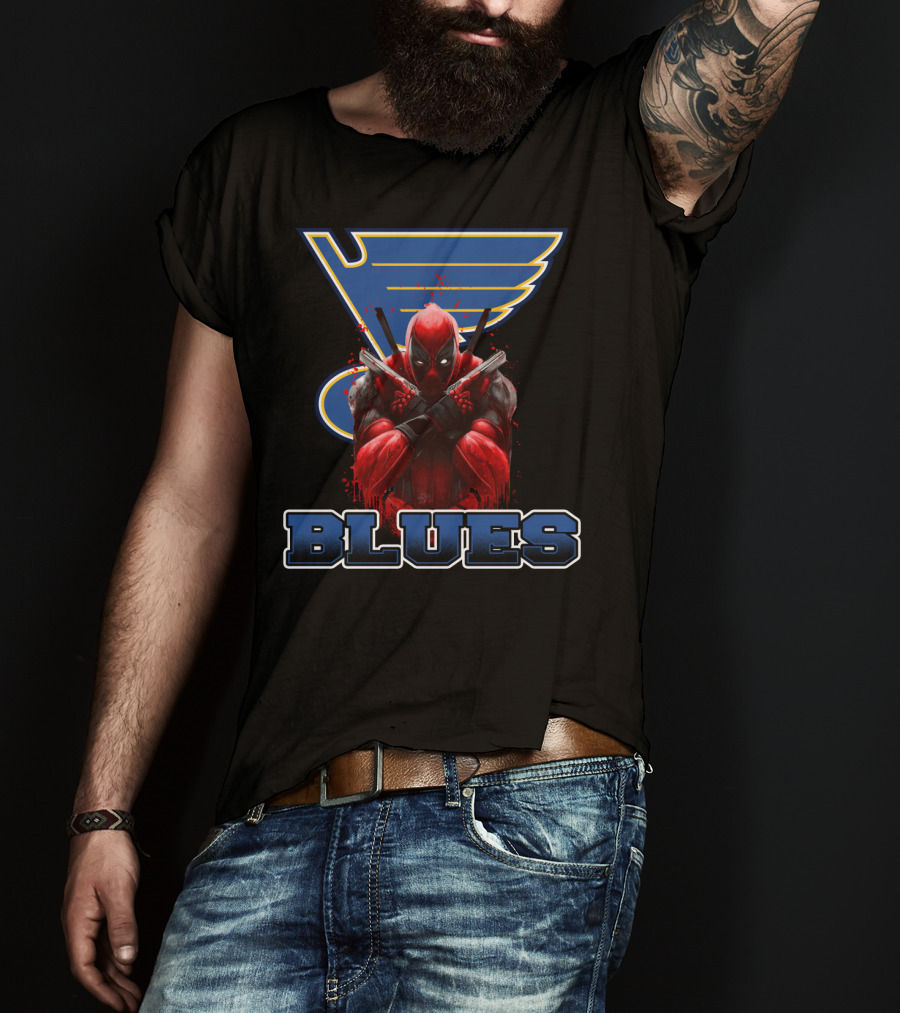 St. Louis Blues And Deadpool Crossover Fan Art With Iconic Blue And Yellow Hockey T-Shirt