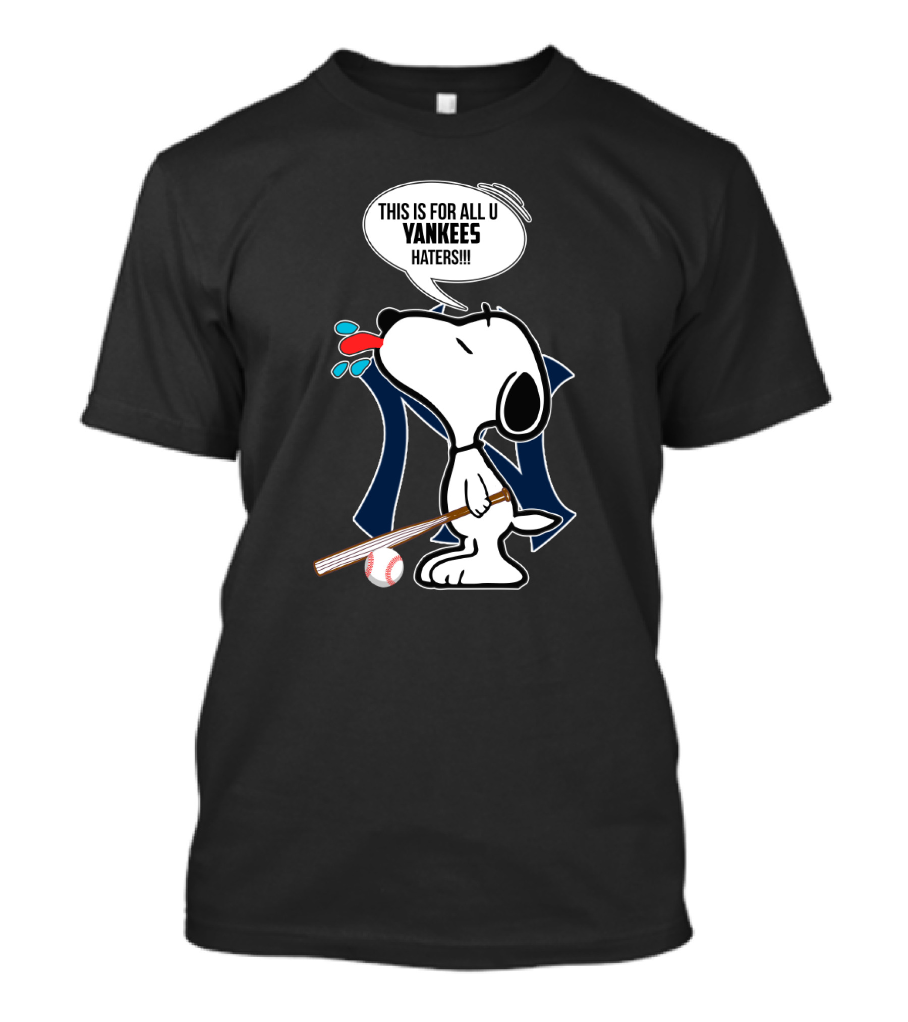 Snoopy Sticking Tongue Out With New York Yankees Logo And Baseball Bat T-Shirt