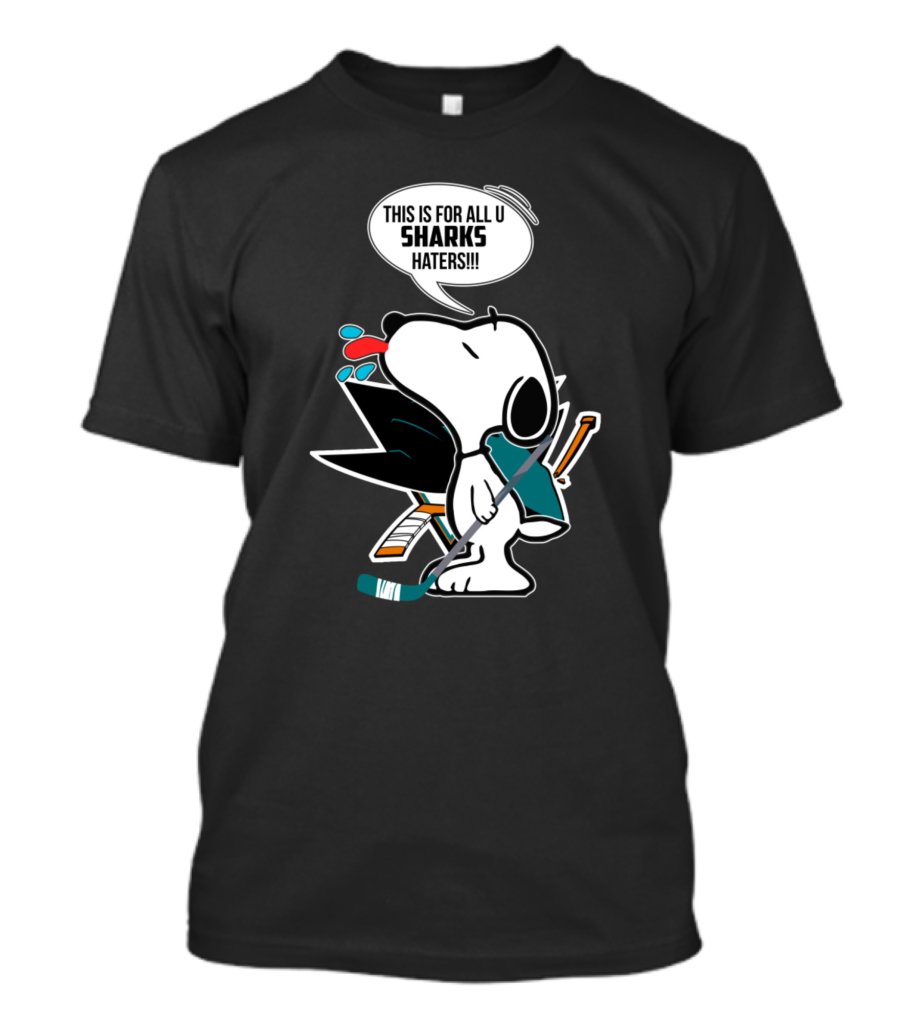 Snoopy Hockey Fan Defends San Jose Sharks Haters With Hockey Stick And Speech Bubble T-Shirt