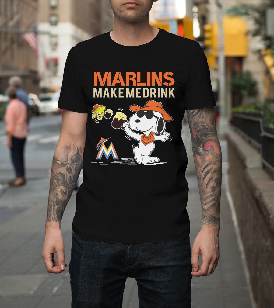 Marlins Make Me Drink Snoopy With Miami Marlins Logo And Beer Toast T-Shirt
