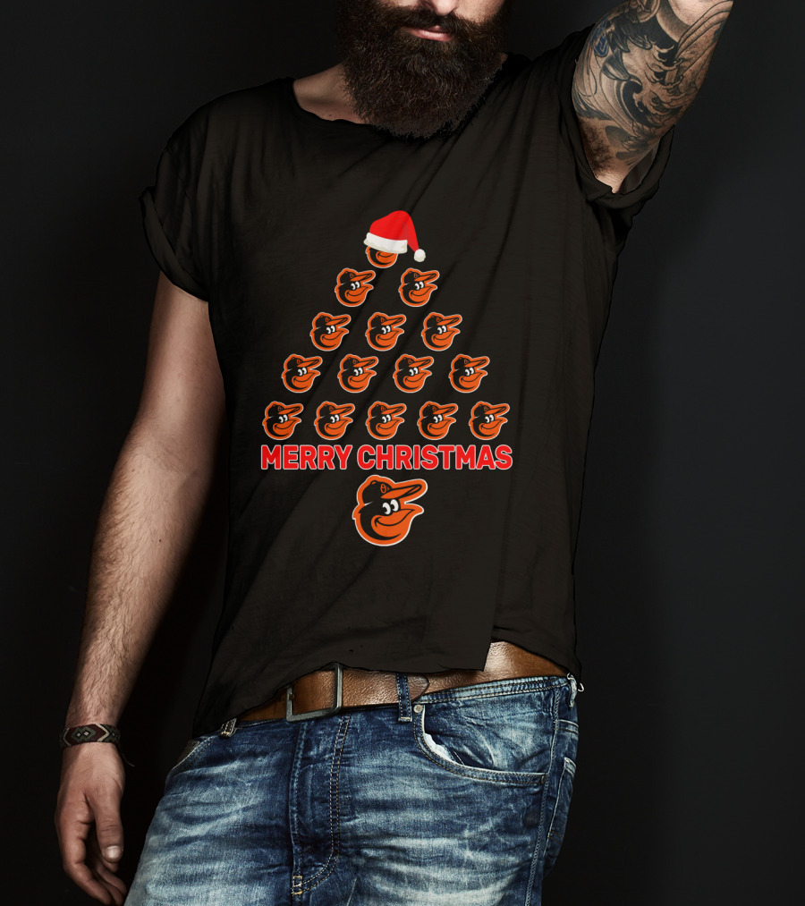 Merry Christmas Baltimore Orioles Tree With Team Logo And Santa Hat T-Shirt