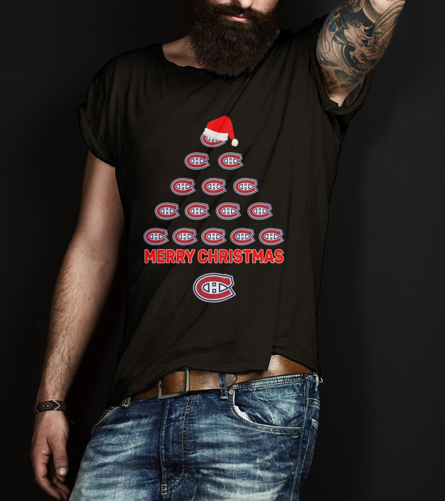 Merry Christmas Montreal Canadiens Tree With Logos And Santa Hat T-Shirt