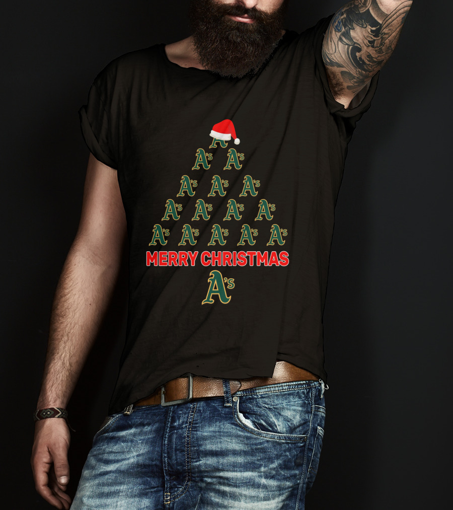 Merry Christmas Tree For Oakland Athletics A's Fans With Santa Hat T-Shirt