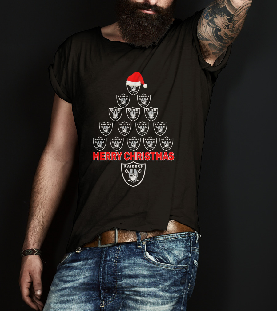 Merry Christmas Raiders Logo Tree With Santa Hat For Fans T-Shirt