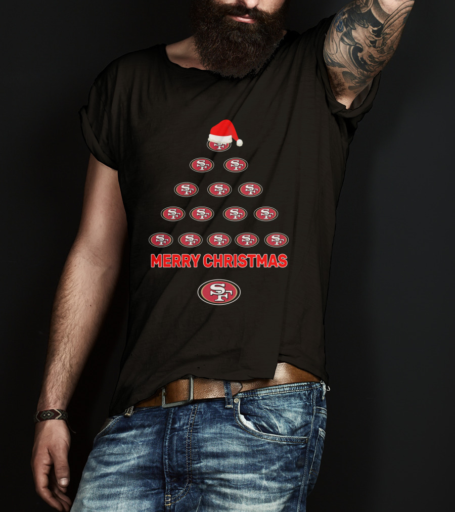 Merry Christmas San Francisco 49ers Tree With Santa Hat T-Shirt