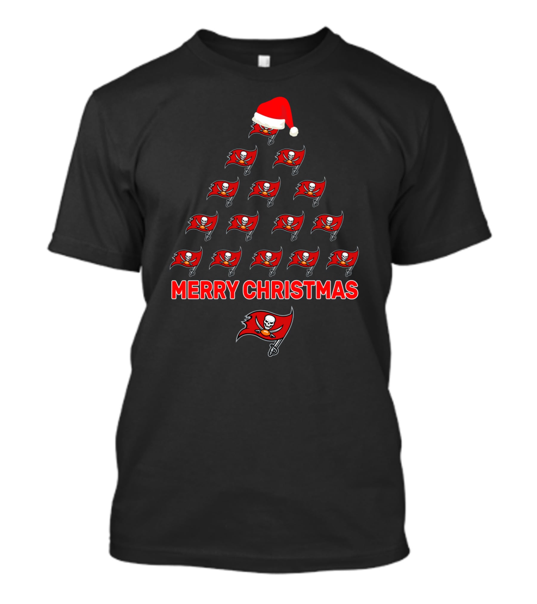 Merry Christmas Tampa Bay Buccaneers Flag Tree With Santa Hat T-Shirt