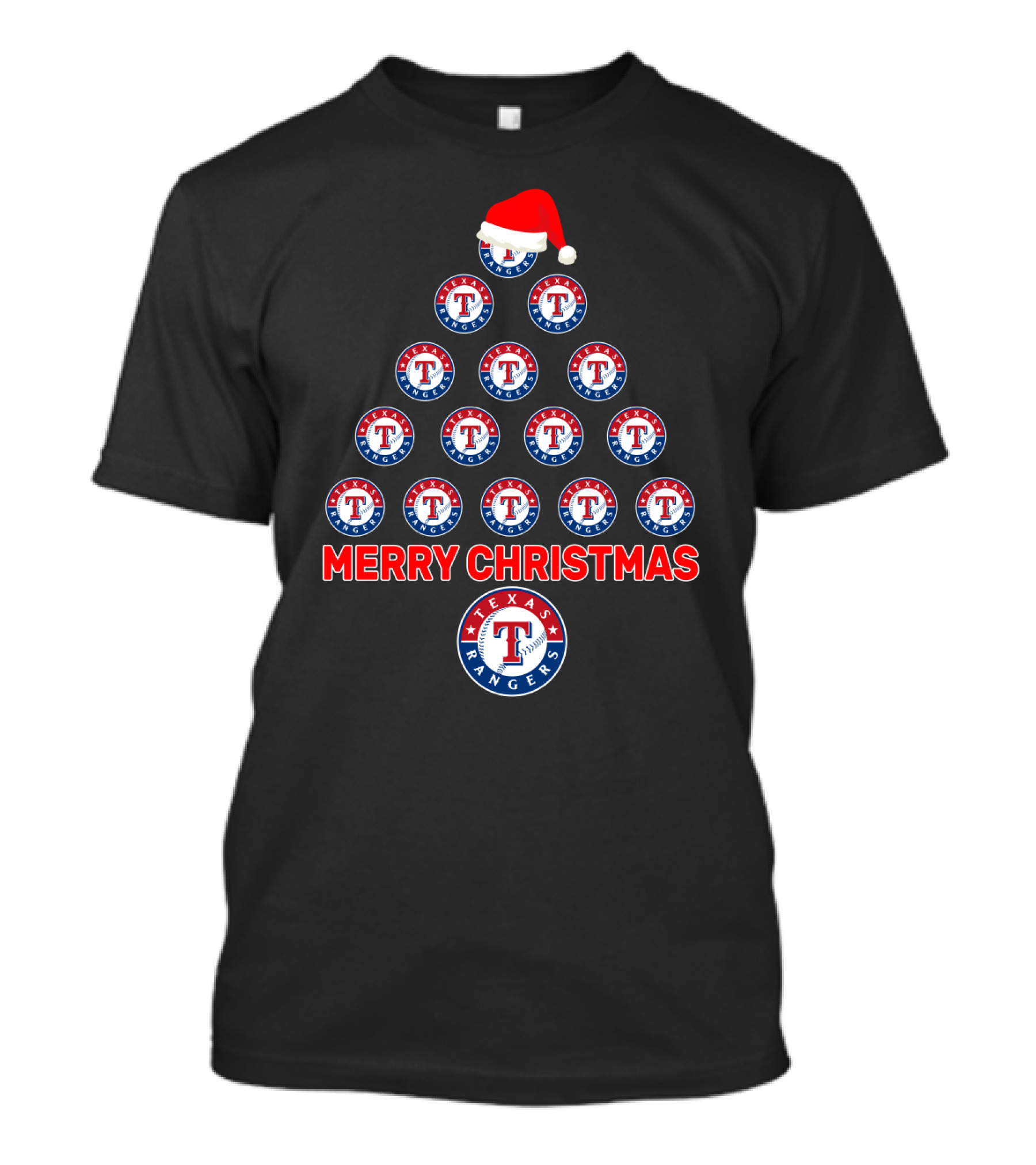 Merry Christmas Texas Rangers Tree With Logos And Santa Hat T-Shirt