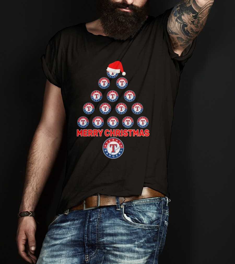 Merry Christmas Texas Rangers Tree With Logos And Santa Hat T-Shirt